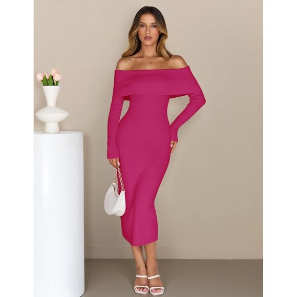 Merokeety Women's Rosepink Off Shoulder Long Sleeve Elegant Bodycon Midi Dress - Picture 2 of 9
